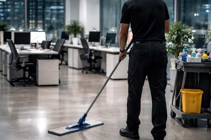 Préposé à l'entretien nettoyant le plancher d'un bureau