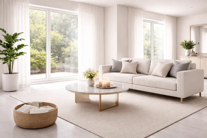 Salon résidentiel lumineux avec surfaces propres et dégagées