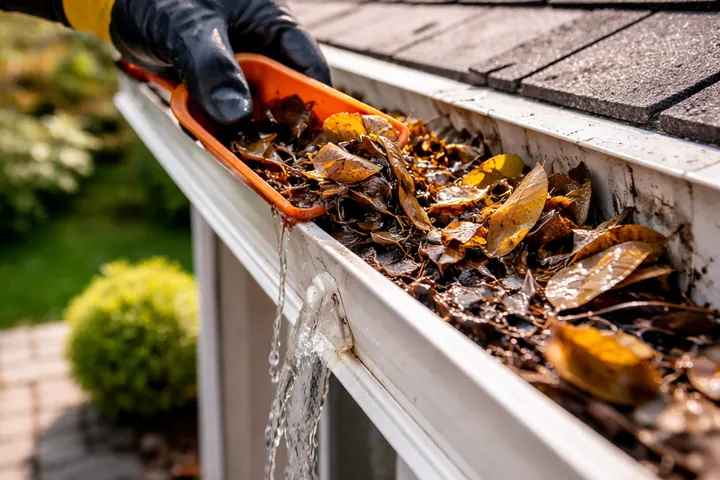 Retrait de feuilles et de débris dans une gouttière résidentielle
