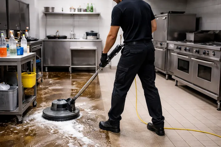 Nettoyage mécanisé du plancher d'une cuisine commerciale